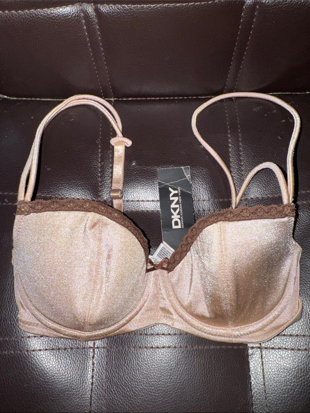 DKNY Shimmery Nude Balconette Bra with Brown Trim